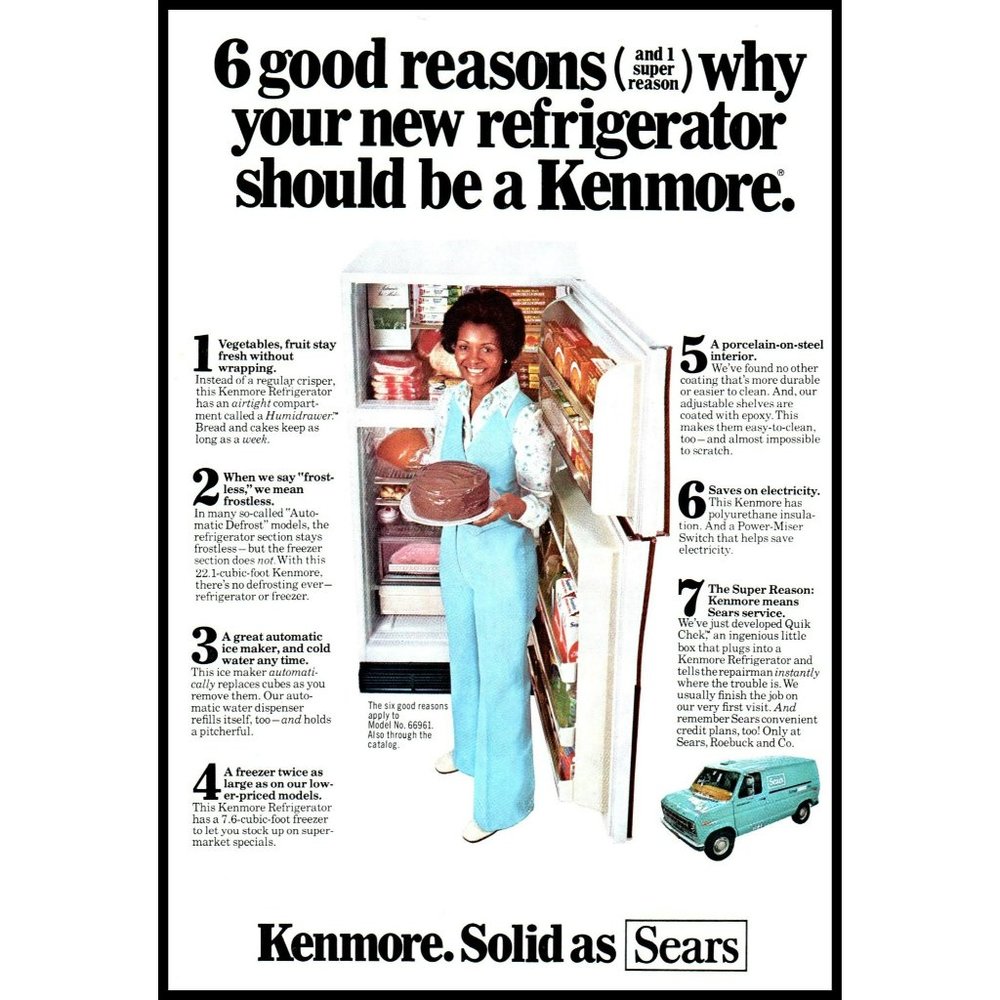 1976 Sears Kenmore Refrigerator Fridge 6 Reasons Vintage Print Ad Chocolate Cake